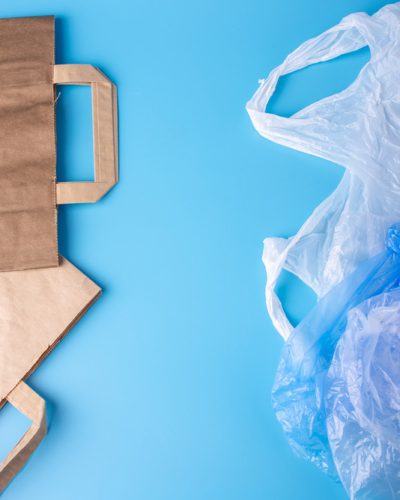 Eco paper vs plastic bags for packaging and carrying products. Choose for protection of the environment. Place for text